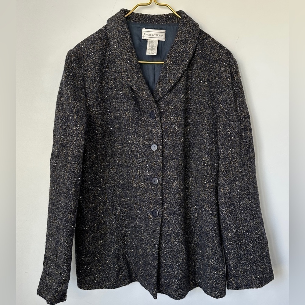 Vintage August Max Blue Brown Metallic Wool Blend Lined Blazer Jacket Women’s 16